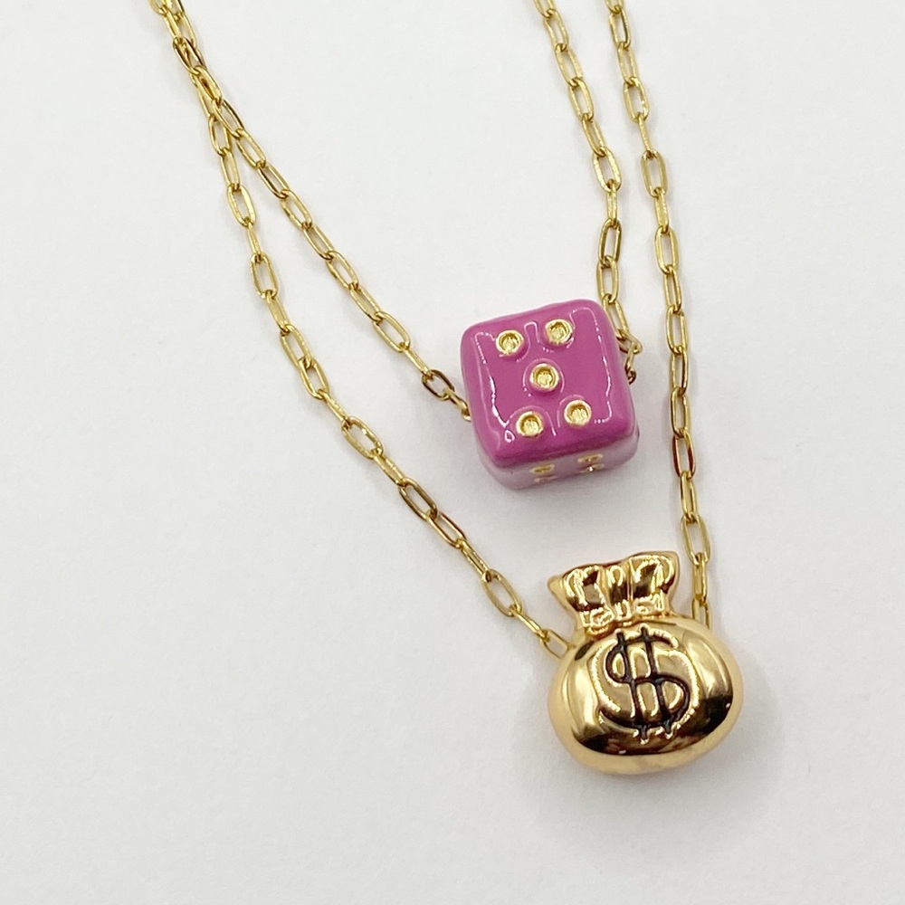 NEW Gold Money Bag & Pink Dice Layered Necklace - Picture 10 of 12